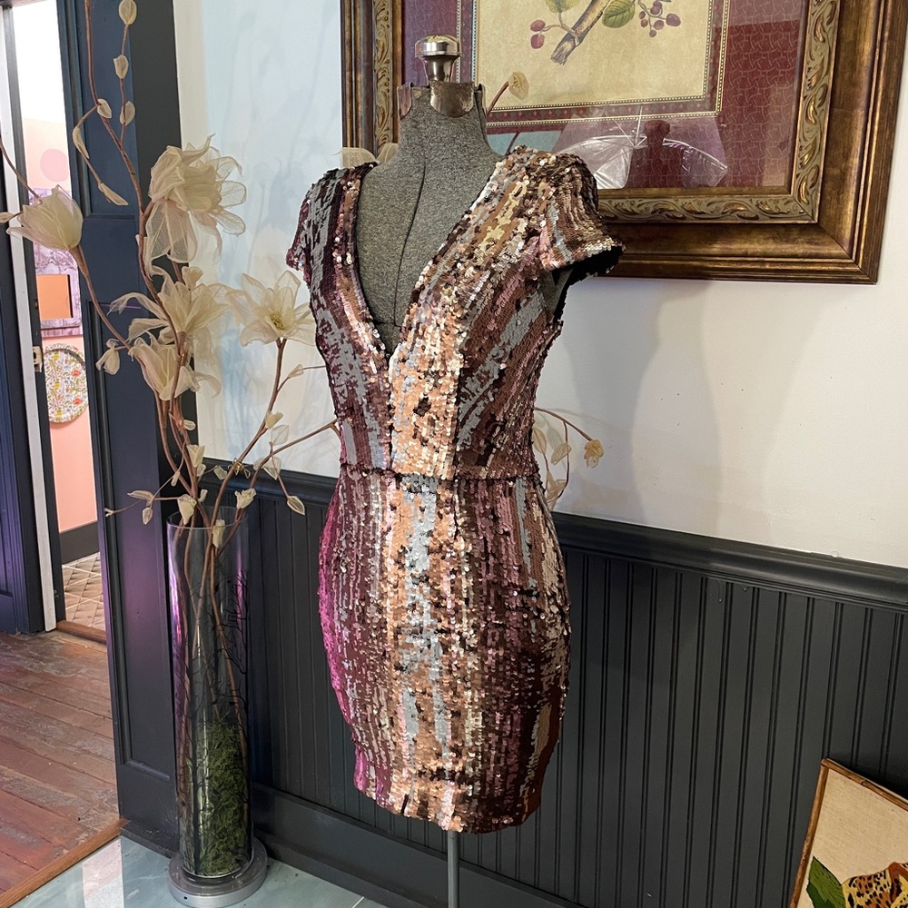 Dress the Population Zoe Dimensional Sequin Plunge Mini Dress Sz S 🧡🎀 - Picture 4 of 13